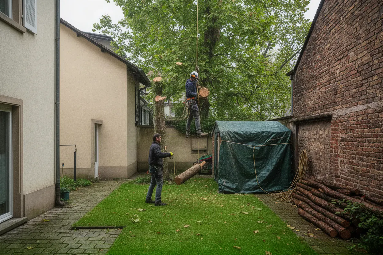 Élagueur démontant un arbre près d'une maison à Ostwald