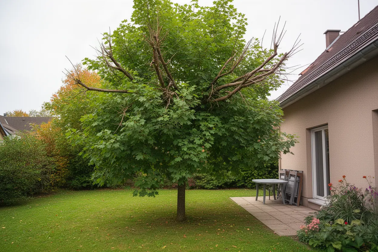 Érable dense avant élagage sur terrasse à Strasbourg