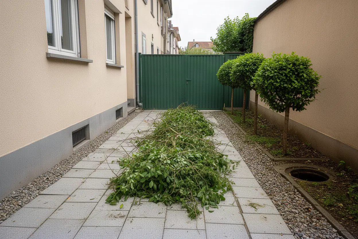 Branchages encombrant une cour avant ramassage à Strasbourg