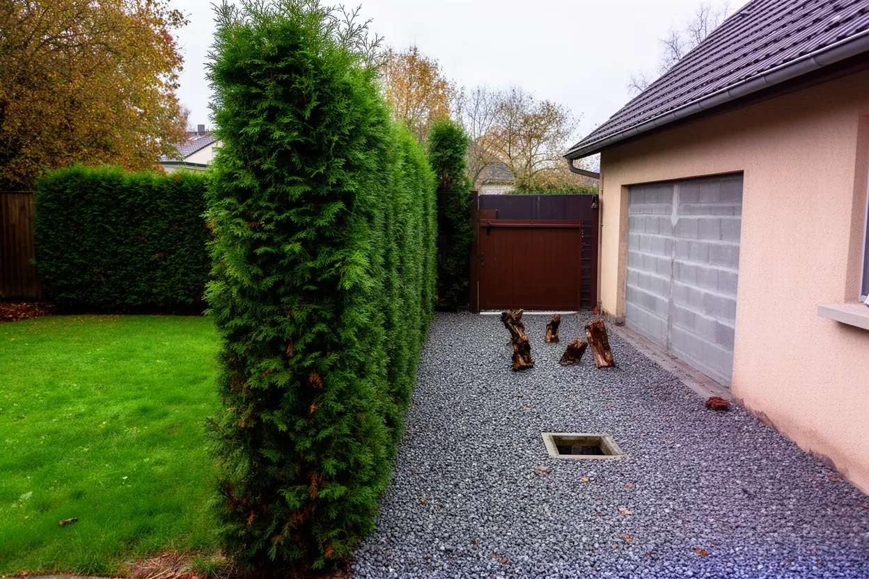 Thuyas épais avant intervention dans un jardin de Bischheim