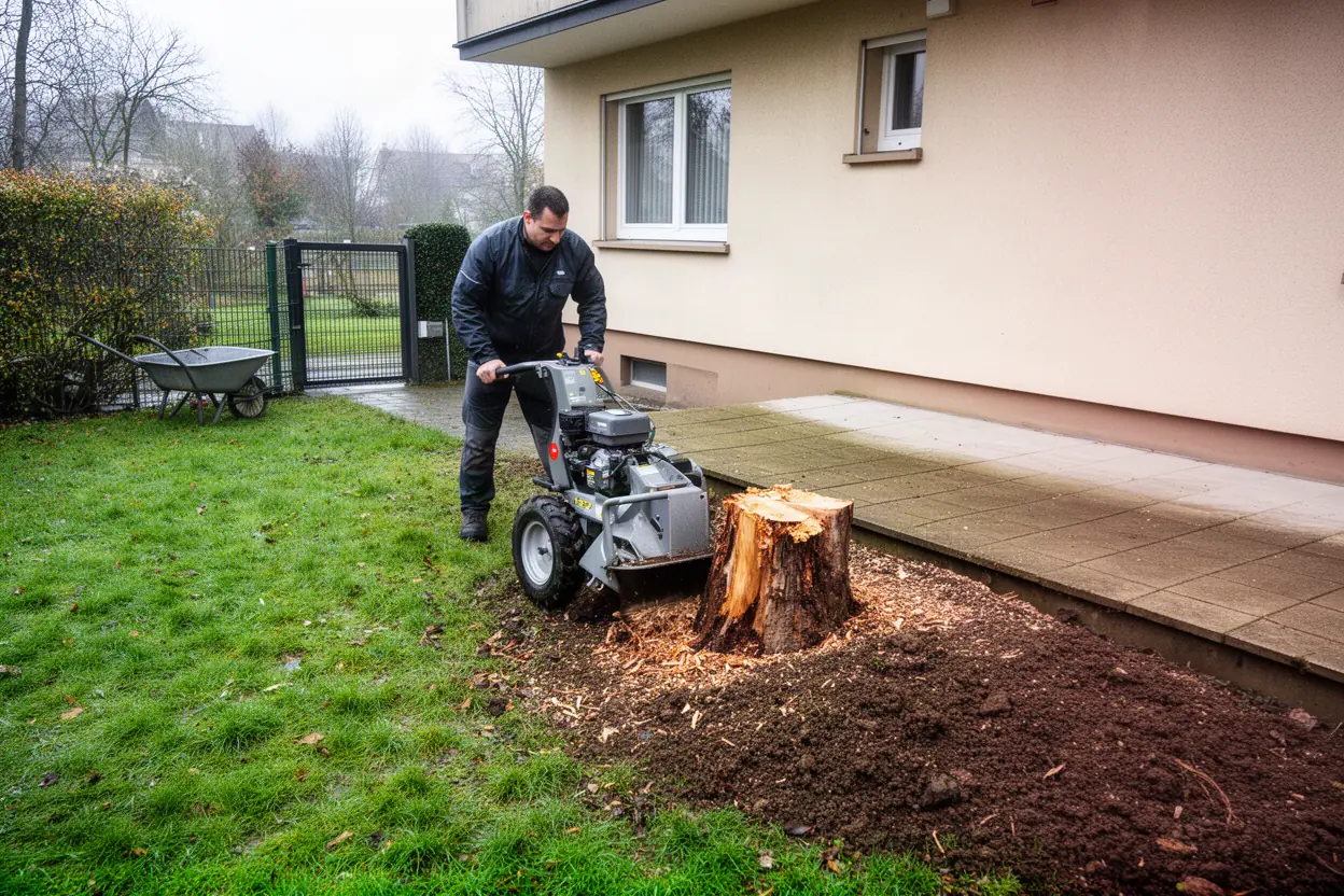 Rogneuse supprimant une souche dans un jardin à Ostwald