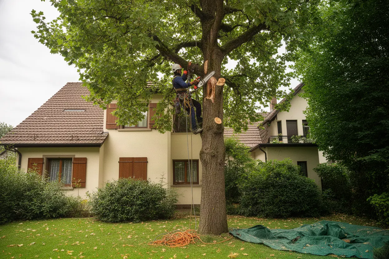 Arboriste taillant un grand arbre dans un jardin à Ostwald