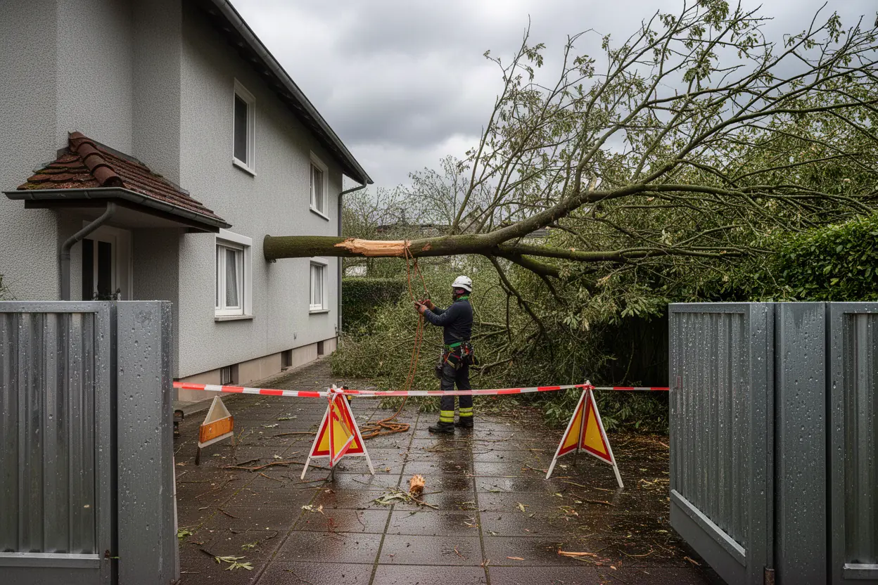 Équipe sécurisant un arbre endommagé après tempête à Ostwald