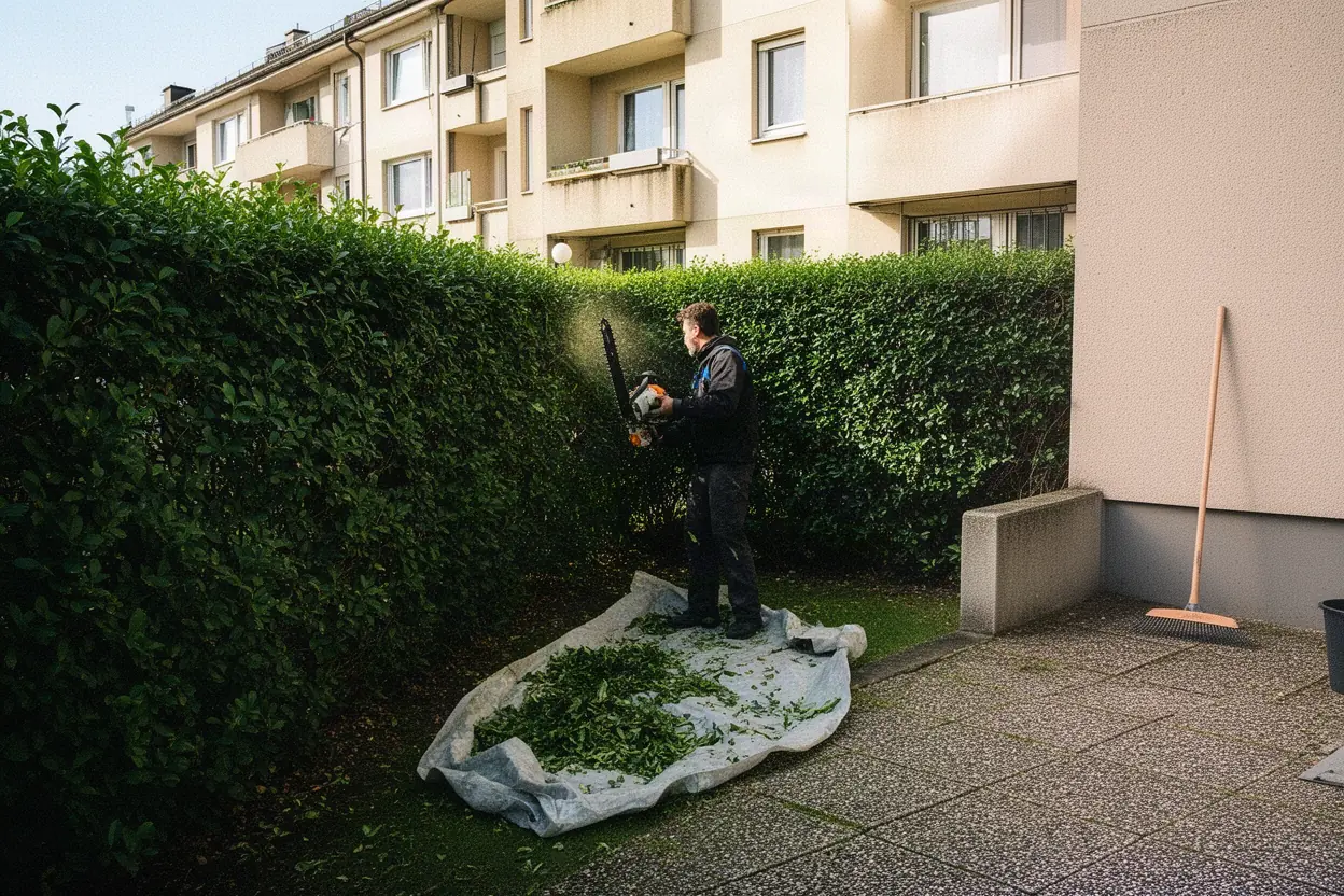 Jardinier taillant une haie mitoyenne dans Ostwald